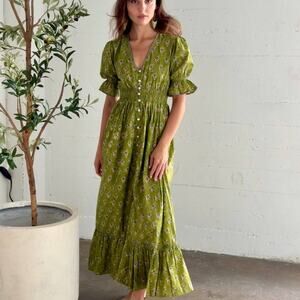 Fox & Mermaid Block Print Boho Maxi Dress Green Cottagecore XL